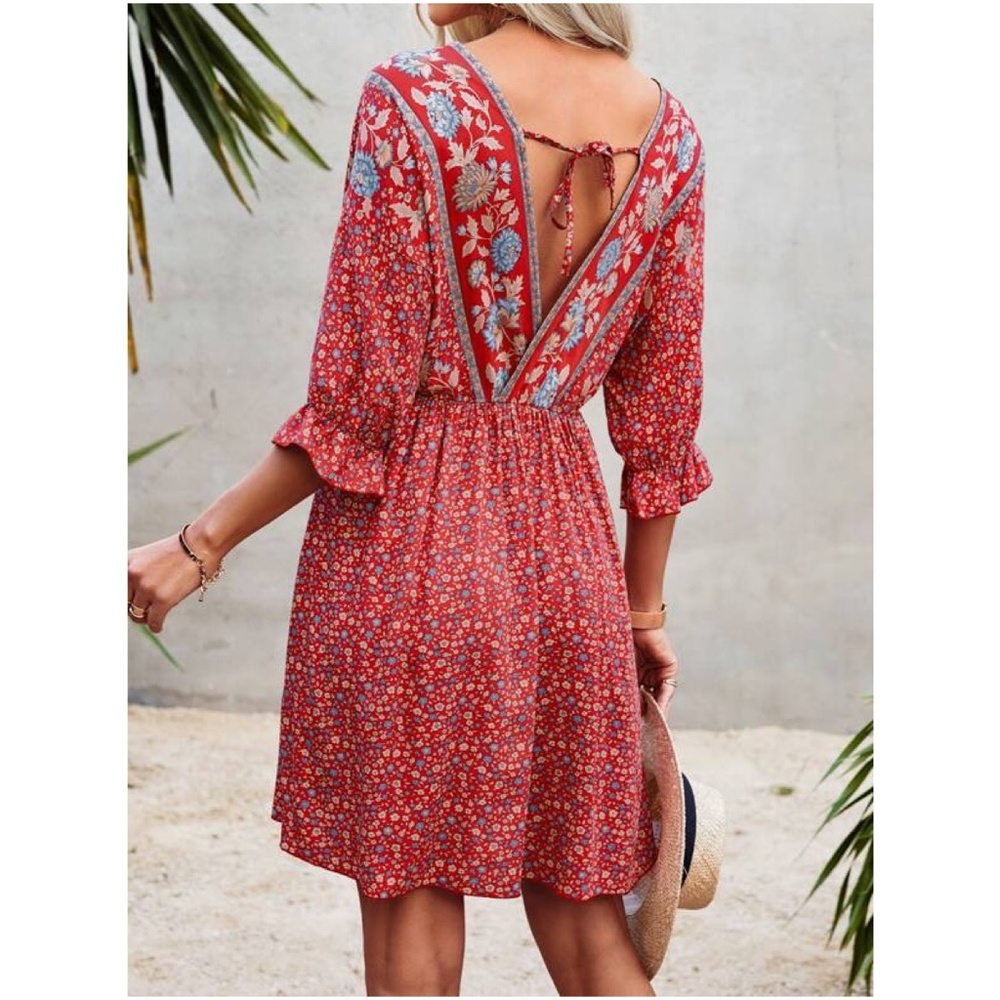 Boho Red Floral Print Ruffle Sleeve Mini Dress Cottagecore - Picture 2 of 13